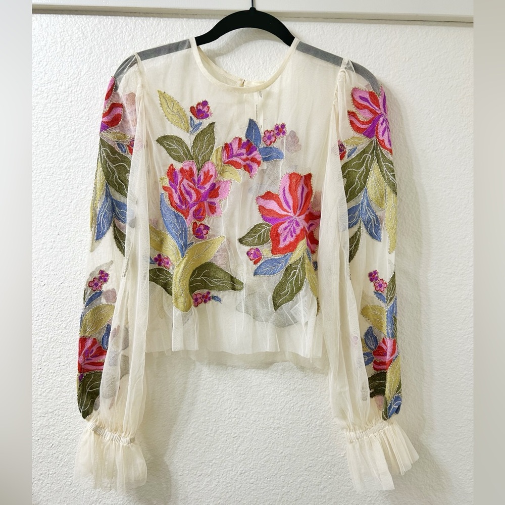 NEW XXS Anthropologie Layla Mesh Appliqué Long Sleeve Floral Embroidered Blouse